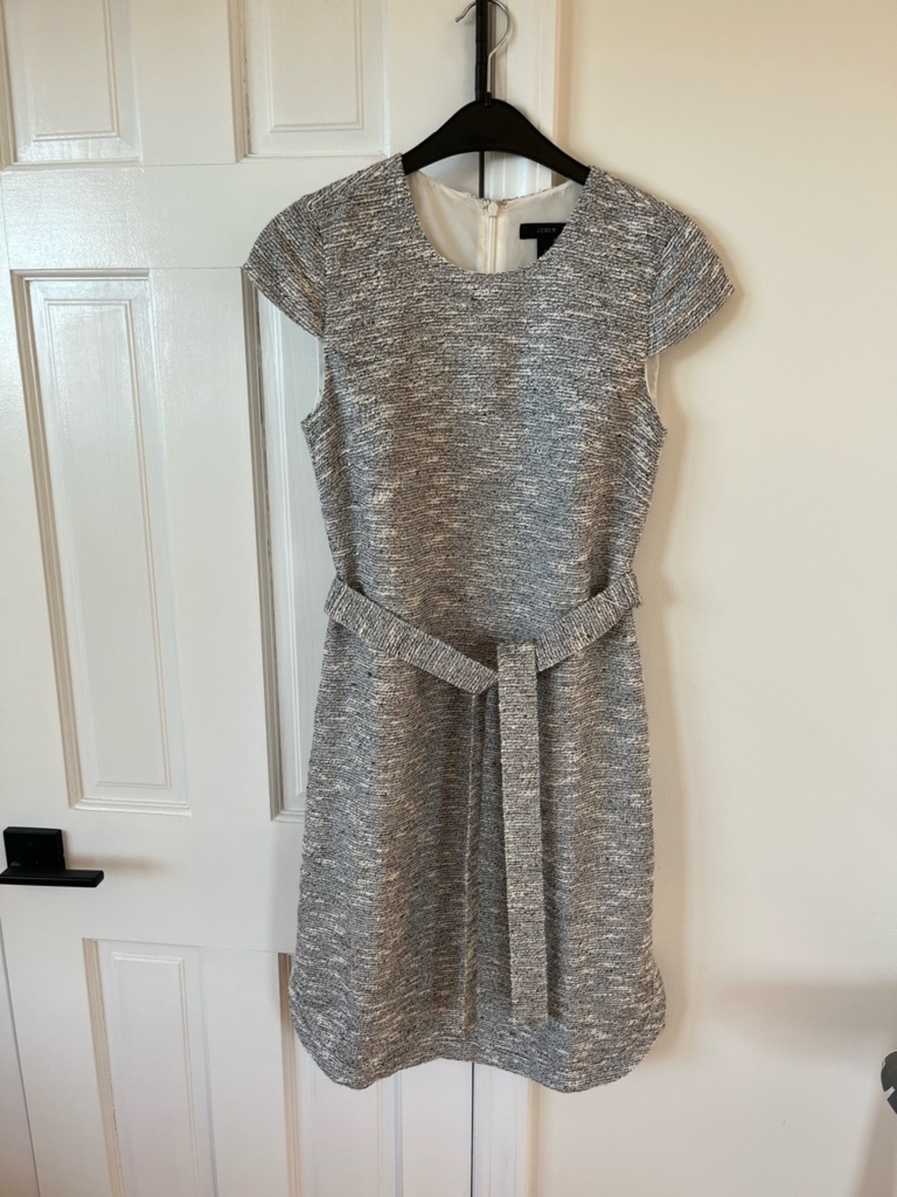 J. Crew Gray Textured Cap-Sleeve Belted Midi Dress